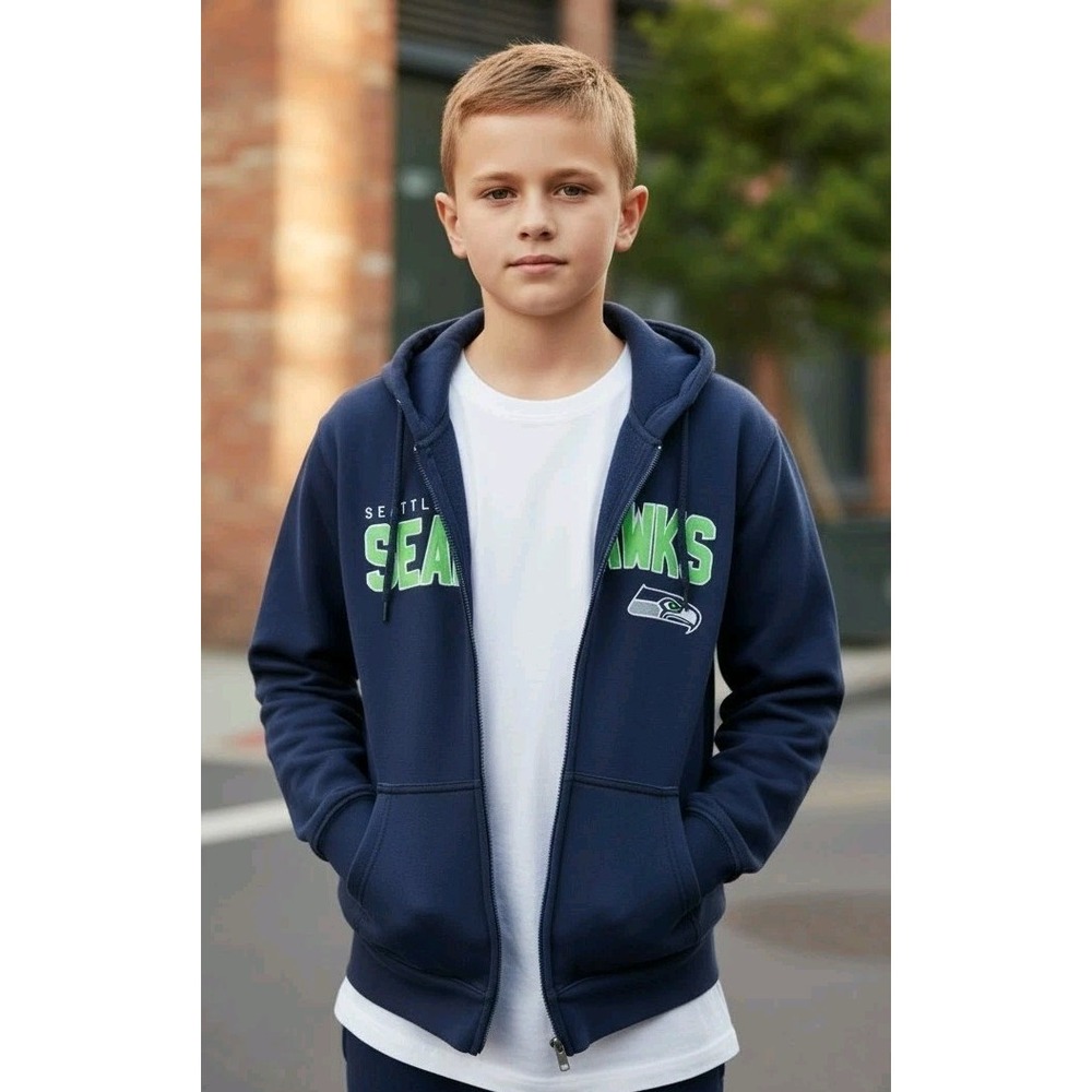 Seattle Seahawks‎ Magestic Blue Zip Hoodie Jacket SZ YL Embroidered LogoPockets